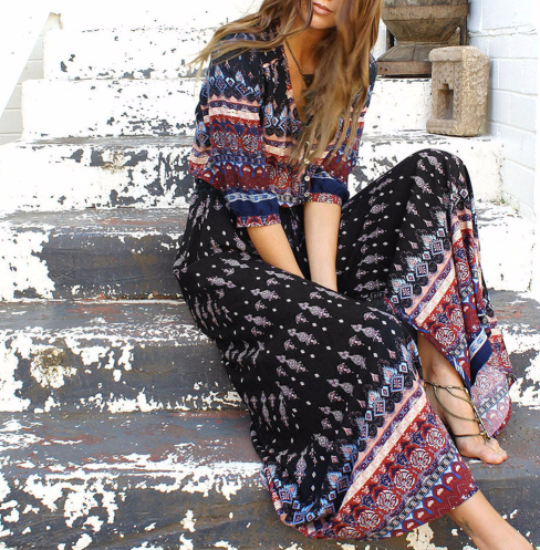 Bohemia V-neck Three Quarter Sleeve Floral Print